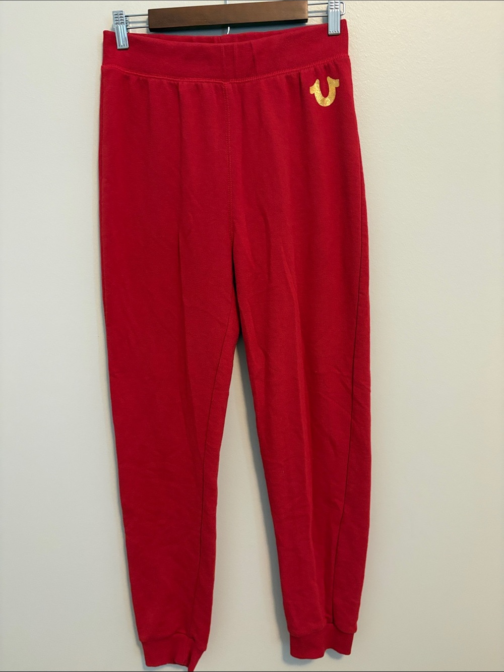 True Religion Red Sweatpants with Gold Horseshoe Accent